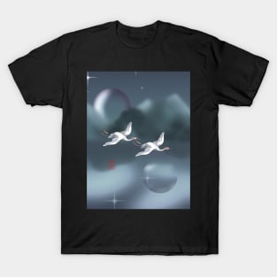 Two Japanese cranes flying over a dark lake T-Shirt